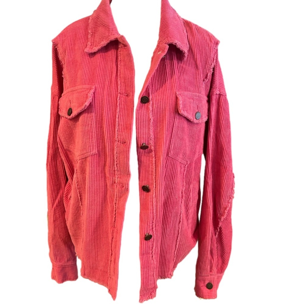 Barbiecore distressed corduroy Shacket Valentine’s Day ready